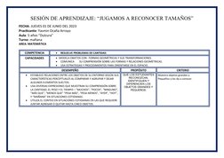 SESIÓN DE APRENDIZAJE: “JUGAMOS A RECONOCER TAMAÑOS”
FECHA: JUEVES 01 DE JUNIO DEL 2023
Practicante: Yasmin Ocaña Arroyo 
Aul