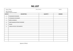 NIL LIST
Name of Ship : 
Port of Arrival :   
DATE : 
Ship Nationality : 
Number of person on board : 
SR NO
DESCRIPTION
QUAN