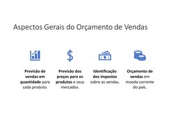 Aspectos Gerais do Orçamento de Vendas
Previsão de 
vendas em 
quantidade para 
cada produto.
Previsão dos 
preços para os 
p