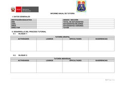 INFORME ANUAL DE TUTORÍA 
I. DATOS GENERALES
INSTITUCIÓN EDUCATIVA
GRADO / SECCIÓN
DRE
TOTAL DE ESTUDIANTES
UGEL
ESTUDIANTES