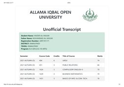 AIOU Unofficial Transcript Summary | PDF