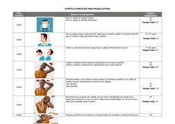 PLANTILLA EJERCICIOS PARA PAUSAS ACTIVAS
Zona
Corporal
Ejercicio de Estiramiento
Tiempo /
Repeticiones
Cuello
Rote su cabeza