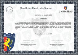 Faculdade Maurício de Nassau
DIPLOMA DE GRADUAÇÃO
NUTRIÇÃO
    A Diretora Acadêmica da FACULDADE UNINASSAU ALIANÇA - REDENÇÃO