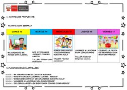 4.- ACTIVIDADES PROPUESTAS:
PLANIFICADOR: SEMANA 1
LUNES 13
MARTES 14
MIÉRCOLES 15
JUEVES 16
VIERNES 17
MI JARDINCITO ME 
ACO