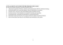 x
LEVEL LEARNING OUTCOMES FOR PRE PRIMARY EDUCATION
By end of Pre Primary Education, the learner should be able to:
1.