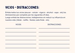 VICIOS - DISTRACCIONES:
Enlista todos tus vicios (azucar - celular - cigarro - alcohol - vape - etc) los
 iliminaremos por co