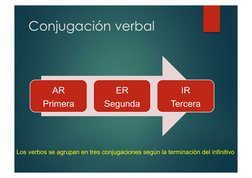 Conjugación verbal 
AR 
Primera 
ER 
Segunda 
IR 
Tercera 
Los verbos se agrupan en tres conjugaciones según la terminación d