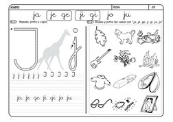 j01.
FECHA:
NOMBRE:
Repasa, pinta y copia.
Rodea y pinta las cosas con "ja, je, ge, ji, gi, jo, ju".
ja
je ge
ji gi
jo
ju
j j
