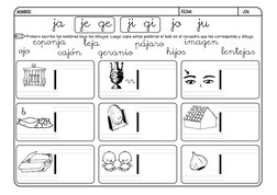 j06.
FECHA:
NOMBRE:
Primero escribe los nombres bajo los dibujos. Luego copia estas palabras al lado en el recuadro que les c
