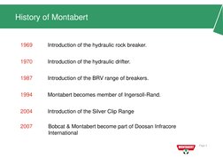 Page 3 
1969  
Introduction of the hydraulic rock breaker. 
 
1970 
Introduction of the hydraulic drifter.  
 
1987 
Introduc