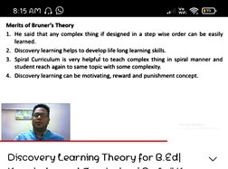 8:15 AM NO 
WiFi 
Merits of Bruner's Theory 
1. He said that any complex thing if designed in a step wise order can be easily