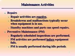 5
Maintenance Activities
Maintenance Activities
Maintenance Activities
zz Repairs
Repairs
zz Repair activities are 
Repair ac