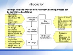 Introduction 
•
The high level life cycle of the RF network planning process can 
be summarised as follows :-  
•
To help the