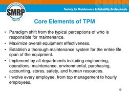 10
Core Elements of TPM
• Paradigm shift from the typical perceptions of who is 
responsible for maintenance.
• Maximize over