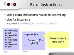 Extra instructions
●Using extra instructions results in less typing
●Use for instance : 
repeat(number){instructions} 
re