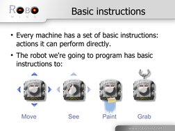 Basic instructions
●Every machine has a set of basic instructions: 
actions it can perform directly.
●The robot we're goi