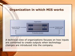Organization in which MIS works  
A technical view of organizations focuses on how inputs 
are combined to create outputs whe