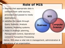 Role of MIS 
1. ensures that appropriate data is 
collected from valid sources, 
processed and passed to needy 
destinations.