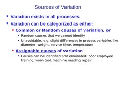 Sources of Variation
Variation exists in all processes.
Variation can be categorized as either:
Common or Random causes of