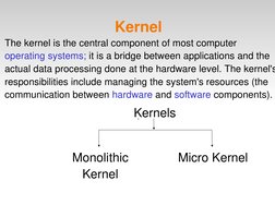 Kernel 
.
The kernel is the central component of most computer 
operating systems; it is a bridge between applications and th