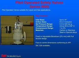 Pilot Operated Safety Valves
Series 9000
Pilot Operated Valves suitable for Liquid and Gas applications.
Main Features
Inlet