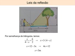  
 
Leis da reflexão
x
4−x=6
2
→
x=3⋅(4−x)
x=12−3x
→
4x=12
Por semelhança de triângulos, temos:
x=3m
