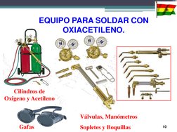 Cilindros de 
Oxigeno y Acetileno 
Válvulas, Manómetros 
Sopletes y Boquillas 
EQUIPO PARA SOLDAR CON 
OXIACETILENO. 
10 
Gaf