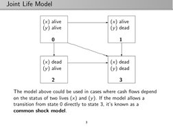 Joint Life Model
(x) alive
(y) alive
0
(x) alive
(y) dead
1
(x) dead
(y) alive
2
(x) dead
(y) dead
3
-
-
?
?
PPPPPPPPP
q
The