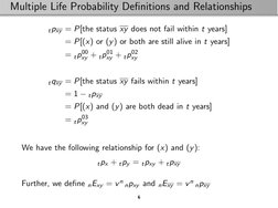 Multiple Life Probability Deﬁnitions and Relationships
tpxy = P[the status xy does not fail within t years]
= P[(x) or (y) or