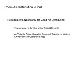 Room Air Distribution –Cont.
• Requirements Necessary for Good Air Distribution:
• Temperature: to be Hold within Tolerable L