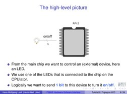 The high-level picture
From the main chip we want to control an (external) device, here
an LED.
We use one of the LEDs that i
