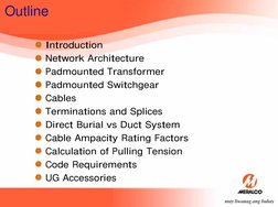 Outline
Introduction
Network Architecture
Padmounted Transformer
Padmounted Switchgear
Cables
Terminations and Splices
Direct
