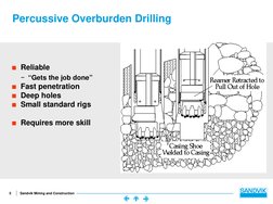 5
Sandvik Mining and Construction
Percussive Overburden Drilling
 Reliable 
−“Gets the job done”
 Fast penetration
 Deep h