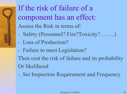 Suregrove Limited
10
If the risk of failure of a 
component has an effect: 
Assess the Risk in terms of:
- Safety (Personnel?