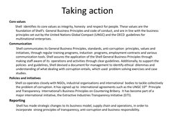 Taking action  
 
Core values   
        Shell  identifies its core values as integrity, honesty  and respect for people. The