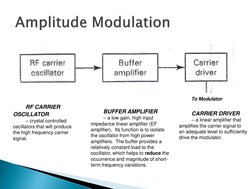 RF CARRIER 
OSCILLATOR  
– crystal controlled 
oscillators that will produce 
the high frequency carrier 
signal. 
BUFFER AMP