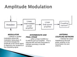 MODULATOR   
– collector or emitter 
modulators where AM 
modulation takes place. A 
circuit that changes the 
amplitude of t