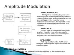 MODULATING SIGNAL 
- With high-level transmitter, the power of the 
modulating signal must be high that is why additional 
po