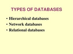 TYPES OF DATABASES  
• Hierarchical databases 
• Network databases 
• Relational databases 
