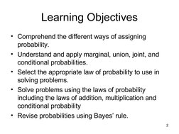2
Learning Objectives
• Comprehend the different ways of assigning 
probability.
• Understand and apply marginal, union, jo