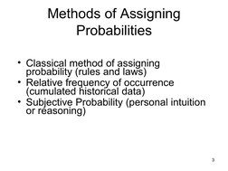3
Methods of Assigning 
Probabilities
• Classical method of assigning 
probability (rules and laws)
• Relative frequency of