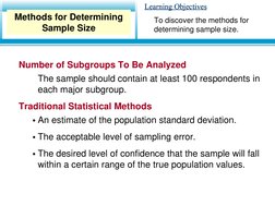 Learning Objectives
Learning Objectives
Number of Subgroups To Be Analyzed
The sample should contain at least 100 respondents