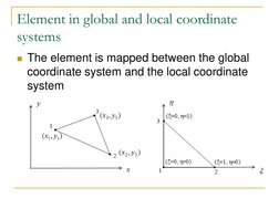Element in global and local coordinate 
systems 
The element is mapped between the global 
coordinate system and the local c