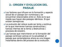2.- ORIGEN Y EVOLUCION DEL 
PAISAJE 
Los factores que influyen en la formación y aspecto 
actual de un paisaje son numerosos