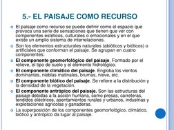 5.- EL PAISAJE COMO RECURSO 
El paisaje como recurso se puede definir como el espacio que 
provoca una serie de sensaciones