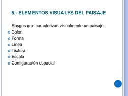 6.- ELEMENTOS VISUALES DEL PAISAJE 
 
 Rasgos que caracterizan visualmente un paisaje. 
Color. 
Forma 
Línea 
Textura 
E