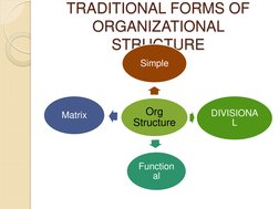 TRADITIONAL FORMS OF 
ORGANIZATIONAL 
STRUCTURE 
Org 
Structure 
Simple 
DIVISIONA
L 
Function
al 
Matrix 
