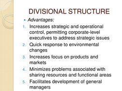 DIVISIONAL STRUCTURE 
Advantages: 
1. Increases strategic and operational 
control, permitting corporate-level 
executives t