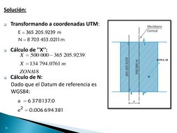 Solución: 
  
Transformando a coordenadas UTM: 
 
 
 
Cálculo de ''X'':   
m
0211
.
453
703
8
N
m
9239
.
205
365
E
18
0761