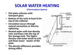 SOLAR WATER HEATING 
(Thermosiphon System) 
• Flat plate collector with 
transport glass  
• Bottom of the tank at least 0.3m